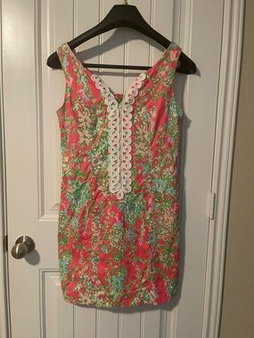 Lilly Pulitzer Pink and Green Floral Shift Dress with White Trim